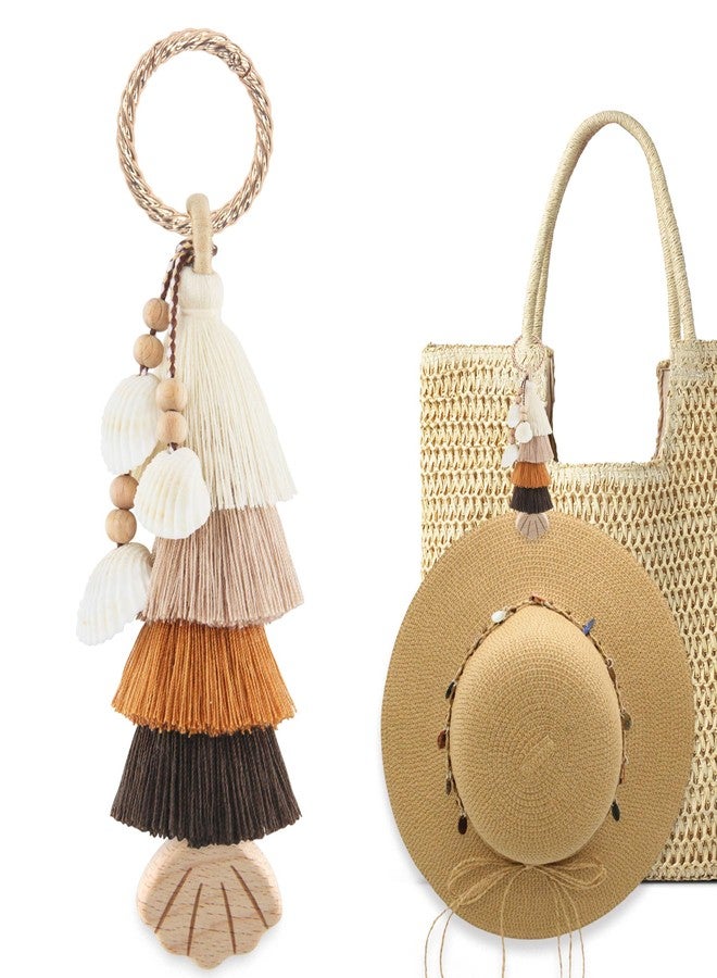 RUNROLE Handmade Tassel Charms Keychain with Wooden Hat Clip for Travel on Bag, Summer Beach Vocation Accessories for Women, Cruise Essentials 2025(Gradient Khaki) - Image 1